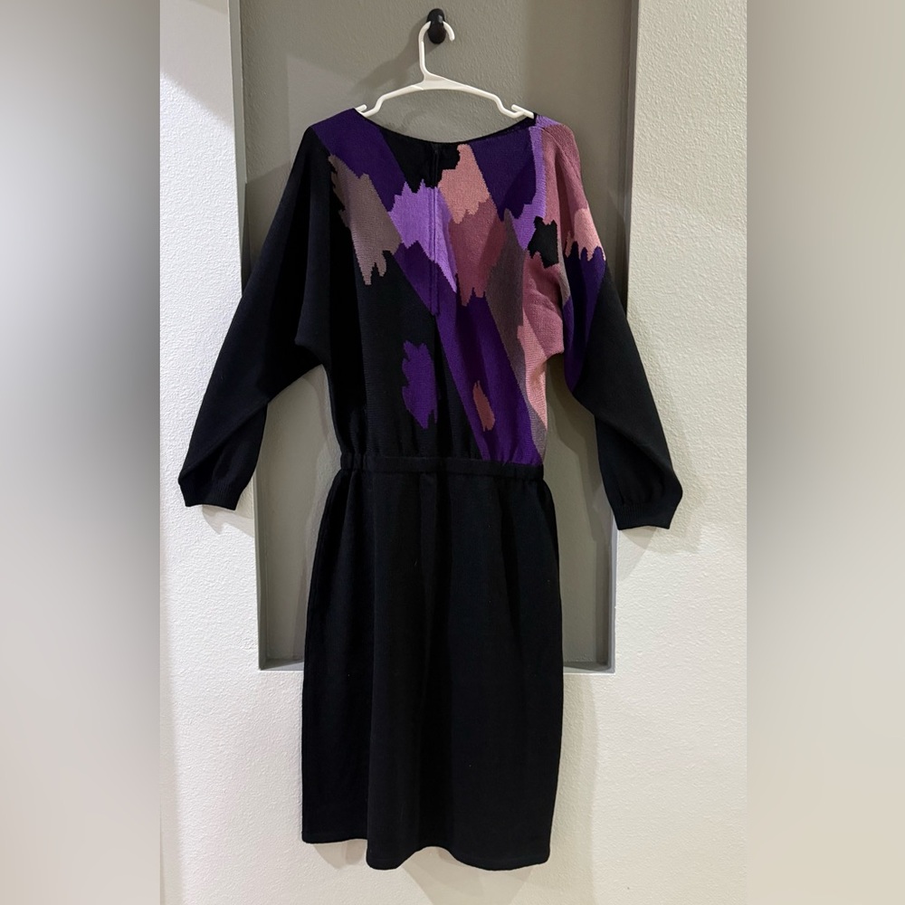 Adolfo Black Vintage 1970s Abstract Knit Midi Sweater Dress - Picture 4 of 6